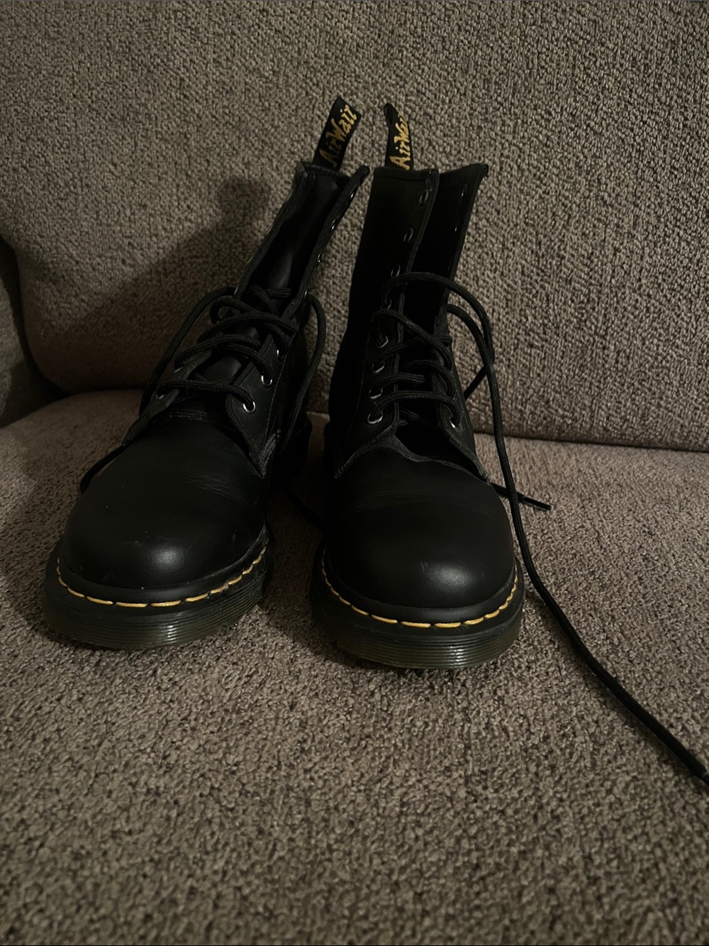 Dr. Martens Black Leather Lace-Up Boots with Yellow Stitching